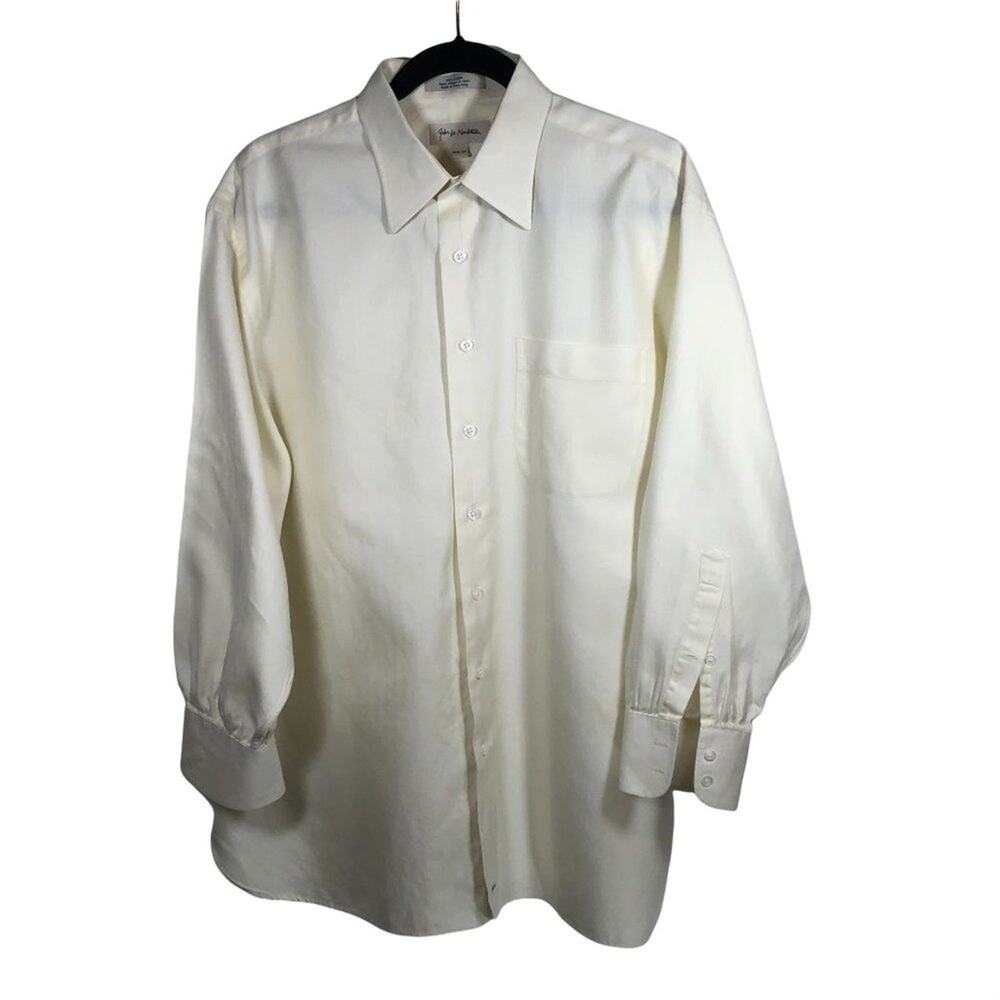 John W Nordstrom Cream Long Sleeve Button Up Logo Mens Shirt Sz 16.5-32 100% Cot